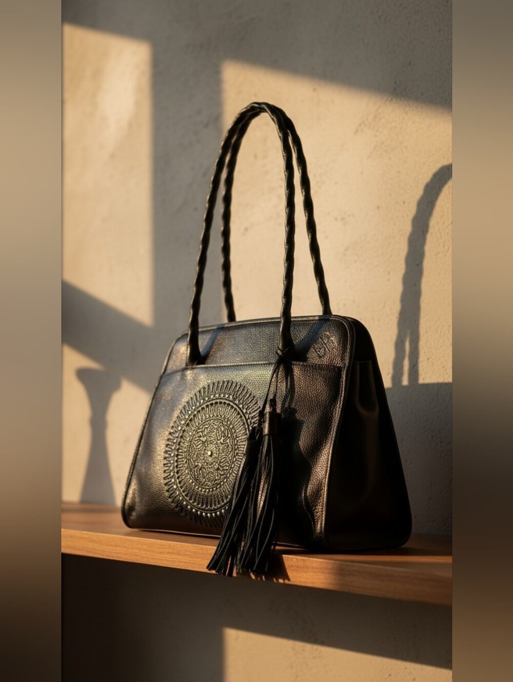 PATRICIA NASH Paris Tooled Italian Leather Tassel Satchel Bag in Black, NWT